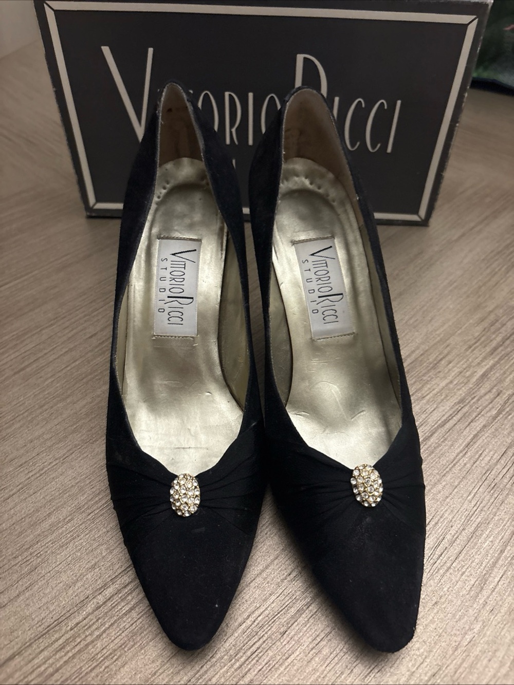Vittorio Black Suede Pointed Toe Pumps with Crystal Brooch